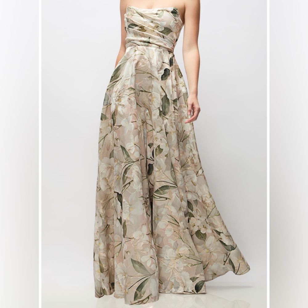 Dessy collection Alden Metallic Plumeria Strapless Organza Gown